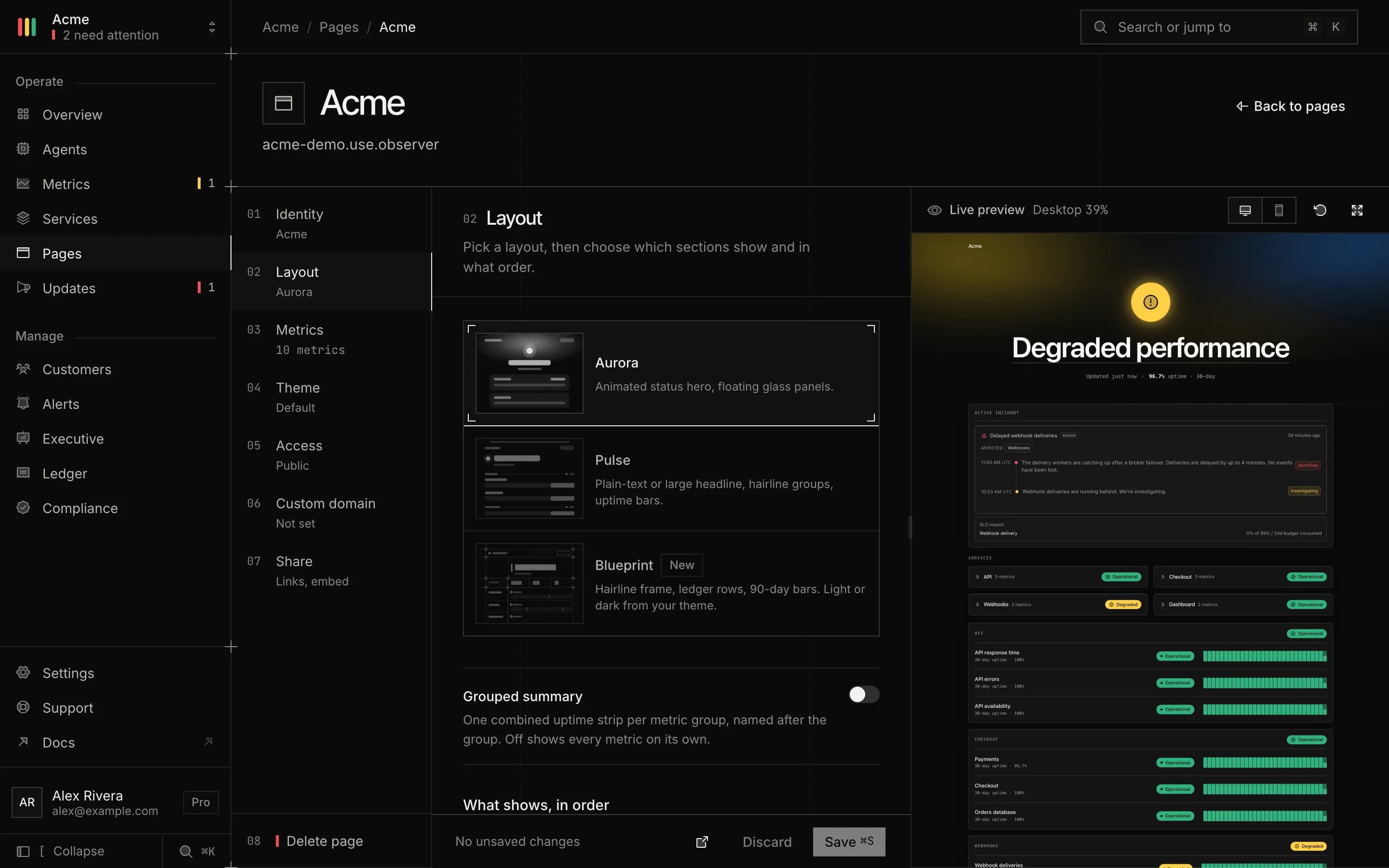 Status page builder: layout section with a live preview of the page