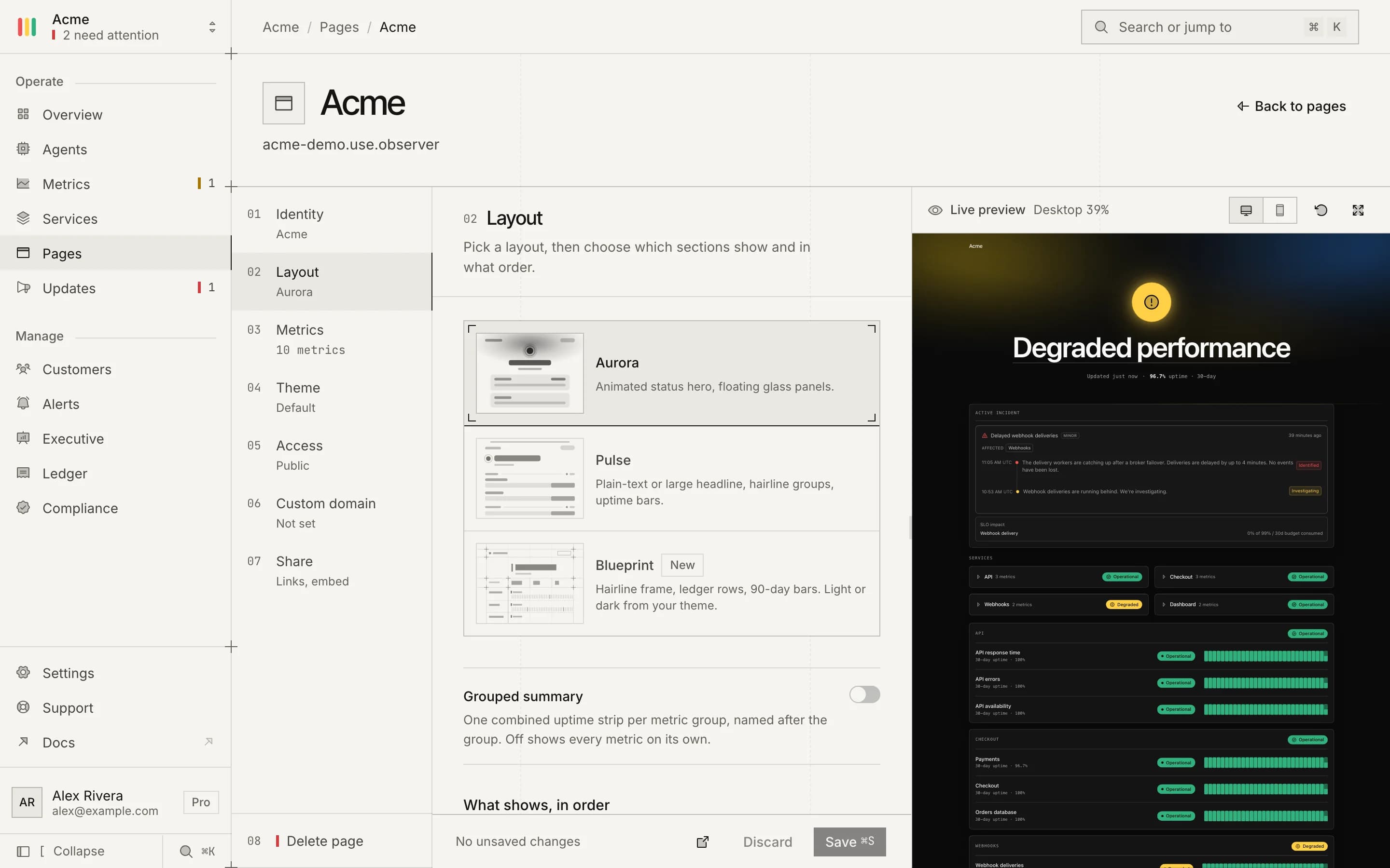 Status page builder: layout section with a live preview of the page