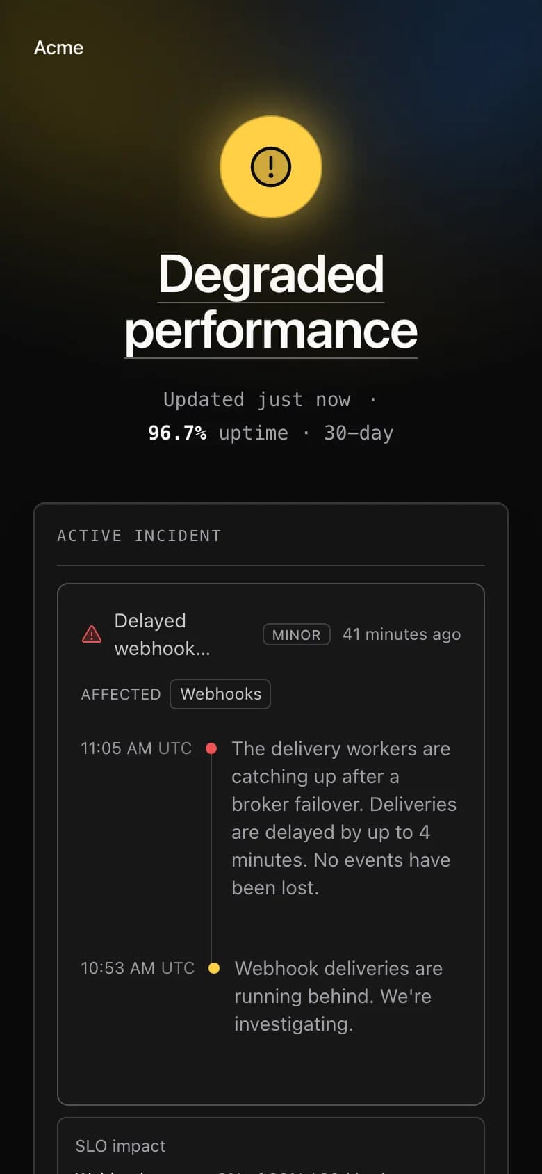Public status page, Aurora layout on a phone