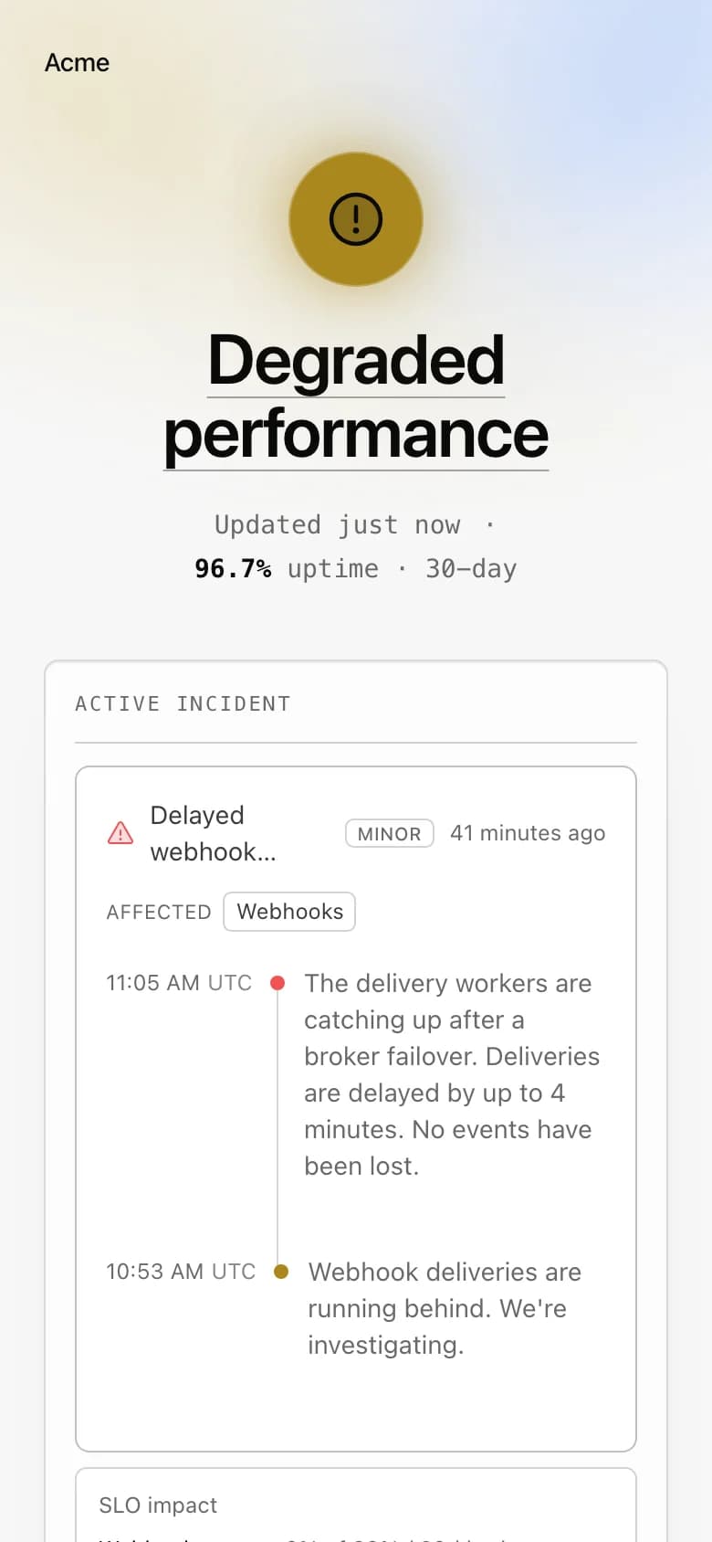 Public status page, Aurora layout on a phone